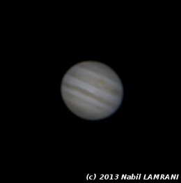 Photo de Jupiter réalisée le 15/12/13 à partir d'une vidéo de 1 min traitée avec le logiciel RegiStax 6 captée par un télescope Celestron NextStar 4 de 1325 mm de focale et une webcam Orion StarShoot dotée d'un capteur de 1/7"